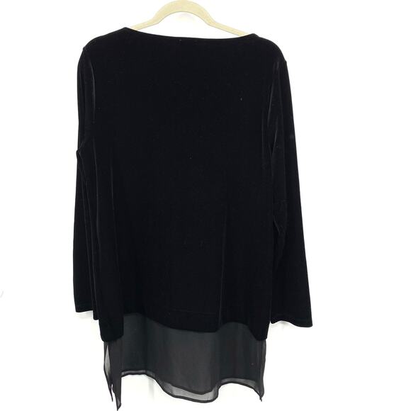 Chicos 2 Velvet Tunic Size Large Black Boat neck Chiffon Hem Travelers Lagenlook - Picture 5 of 8
